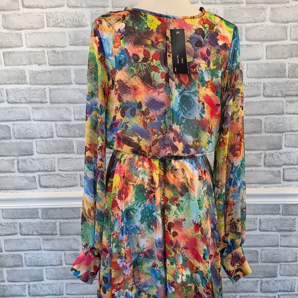 Karen J Chiffon Watercolor Floral Maxi Dress Long Sleeve L Made in USA Feminine - Picture 8 of 10